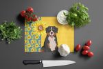 Summer Sunflowers Bernese Mountain Dog Glass Cutting Board Decorative Tempered Glass Kitchen Cutting and Serving Board Large Size Chopping Board