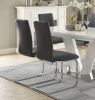 Modern Contemporary 7pc Dining Set White High Gloss Finish Table w Extension Leaf V-shaped Support Gray faux Leather Upholstered Chairs Diamond Patter